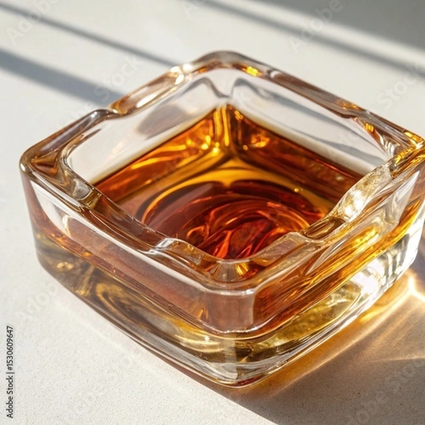 Obraz Elegant Square Glass Ashtray with Golden Reflections in Sunlight on White Surface