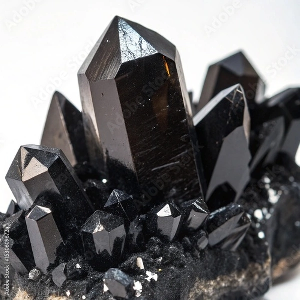 Obraz Close up of a shiny cluster of black quartz crystals on white