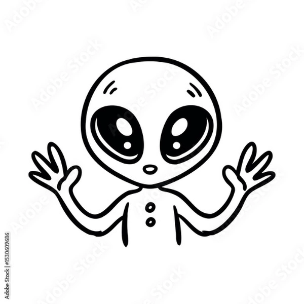 Fototapeta A cartoon alien character with large eyes and a small body. The alien has a simple design with a round head and is waving its hands.