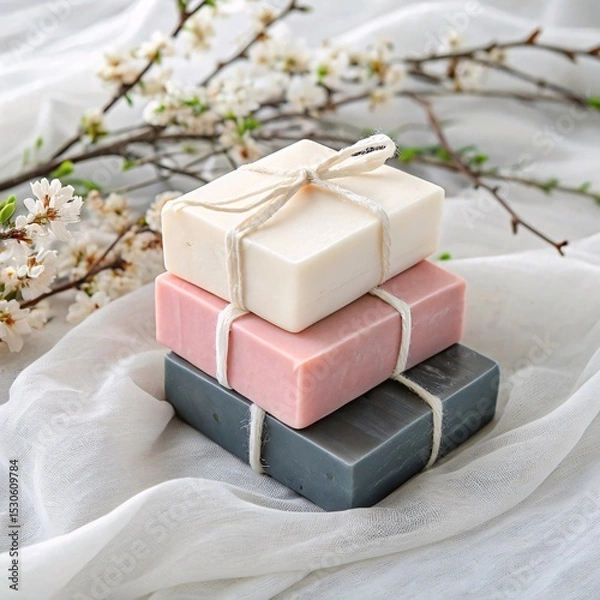 Obraz Stack of Natural Handmade Soaps with Spring Blossoms on White Fabric