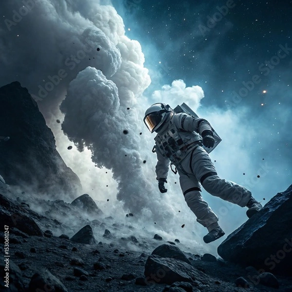 Obraz Astronaut Navigating a Rocky Exoplanet Landscape with Volcanic Activity and Starry Sky