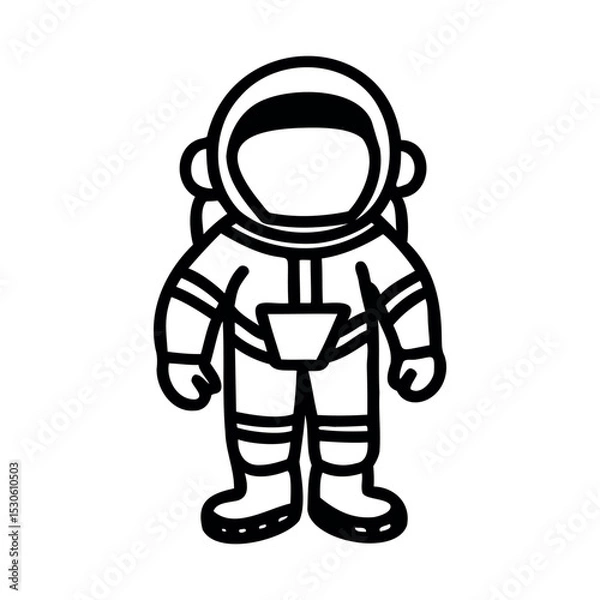 Fototapeta A simple line drawing of a cartoon astronaut in a space suit. The astronaut stands upright, wearing a helmet and boots, with a basic design.