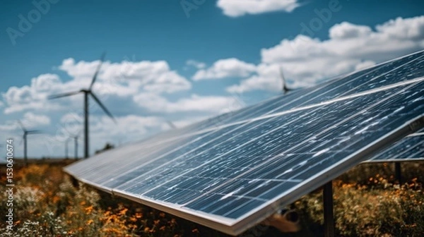 Fototapeta Solar Panels And Wind Turbines In A Field
