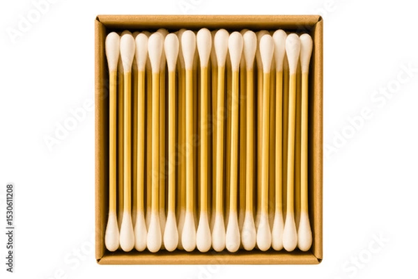 Fototapeta Box of cotton swabs featuring eco-friendly bamboo sticks on a transparent background
