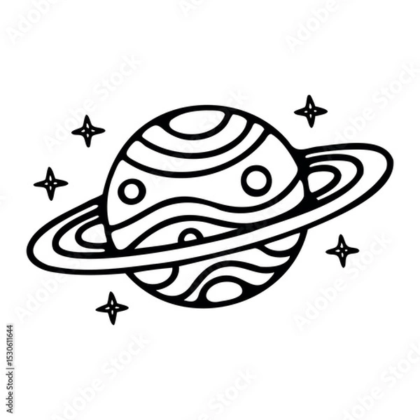 Fototapeta A simple line drawing of a planet with rings, surrounded by stars. The planet features wavy patterns and circular markings, representing a stylized celestial body.