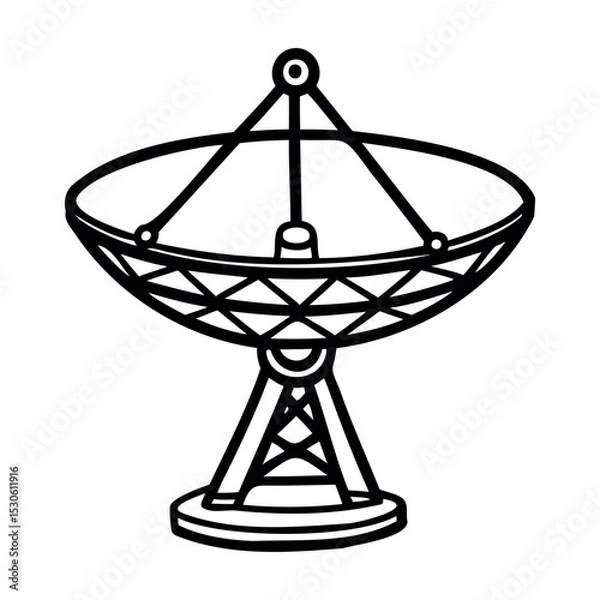 Obraz A black and white illustration of a satellite dish on a support structure. The dish is large and circular, designed for receiving signals.