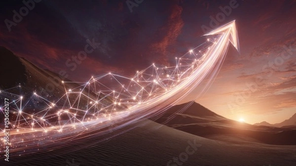 Fototapeta Abstract Glowing Arrow Upward In Desert Sunrise