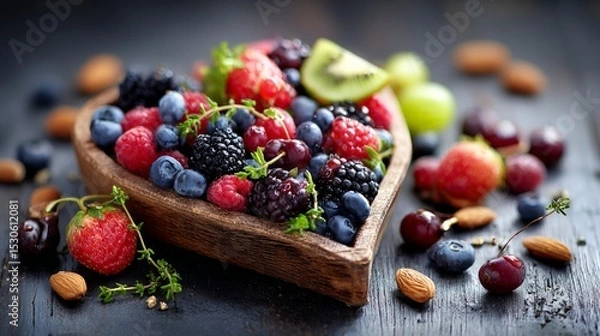 Fototapeta Assorted Berries And Fruits In Wooden Heart Shaped Bowl