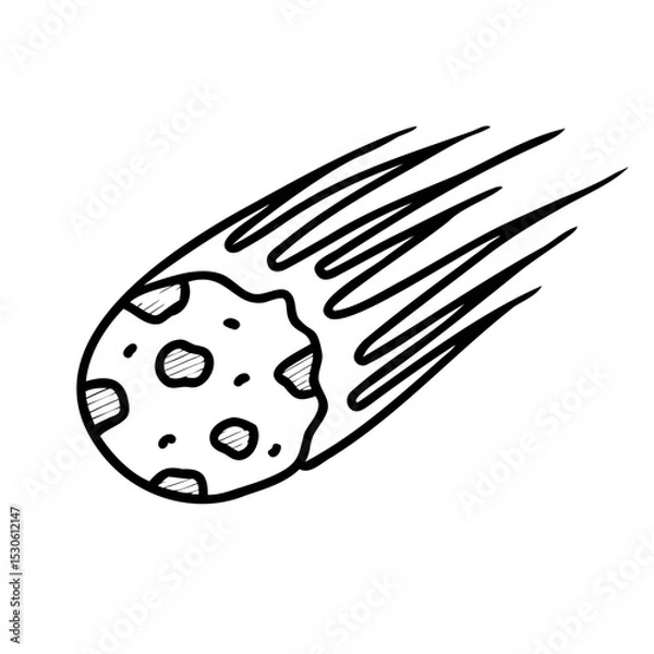 Obraz A hand-drawn comet with a rocky surface and a long tail, illustrating the concept of space and celestial bodies.