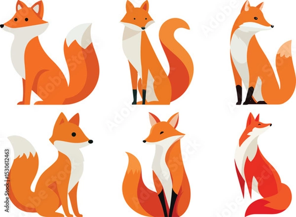 Fototapeta Stylized Fox Illustrations  set Featuring Playful and Elegant Poses in a Minimalist Design