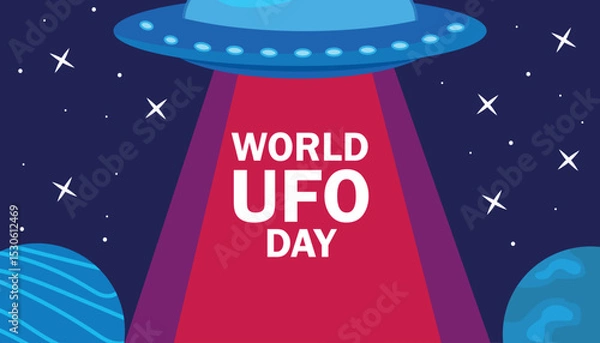Obraz A colorful illustration celebrating World UFO Day. A flying saucer emits a beam of light in a starry night sky with planets in the background.