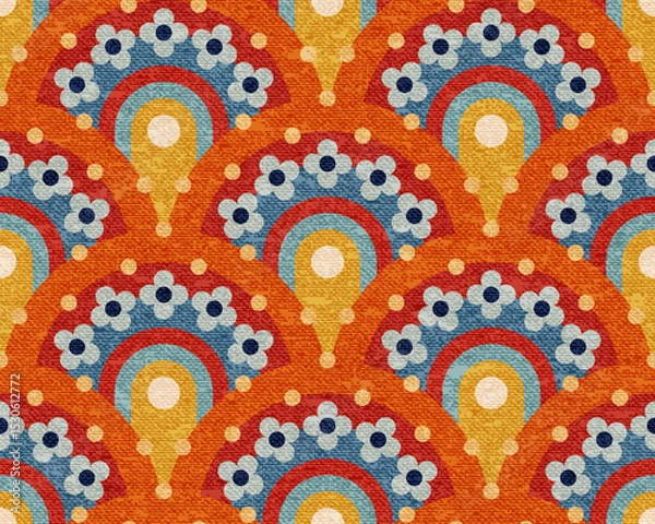 Fototapeta Seamless retro fan pattern. Bright radial motifs in warm textured colors. Vintage style geometric layout. Vector illustration.