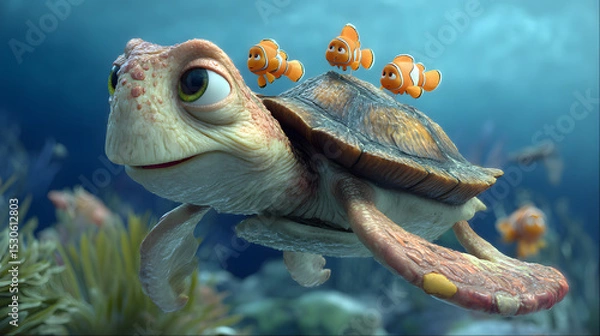 Obraz 3D cartoon of a friendly sea turtle giving rides