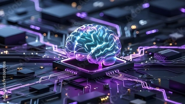 Obraz Neon Futuristic Brain on Circuit Board: A Vision of AI and Technology Integration