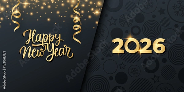 Obraz 2026 Happy New Year festive banner. Hand lettering greetings. Glittering sparks and serpentine ribbons. Black and gold colors. Vector illustration.