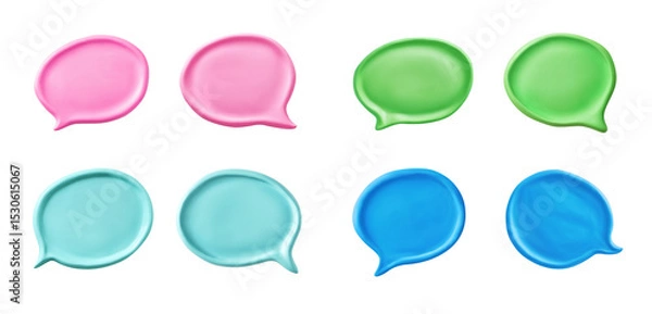 Obraz Pairs of clay bubble speech. Set of 3d sculpted elements on transparent background. Handmade modeling from bright matte plasticine. Pink, blue and green colors