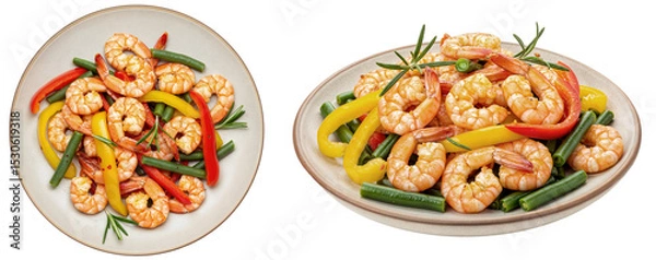 Fototapeta Delicious cooked shrimp with colorful bell peppers and green beans on plates