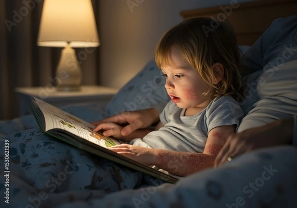 Fototapeta A child with visible eczema on their arms reading a bedtime story with a parent in a softly lit bedroom. Calm and caring atmosphere