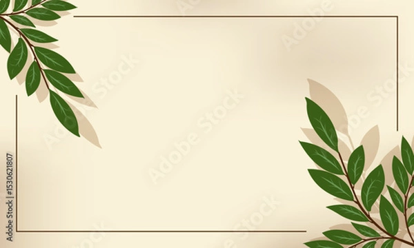 Fototapeta A beige background with a rectangular border, adorned with green leaves on opposite corners. vector background design.