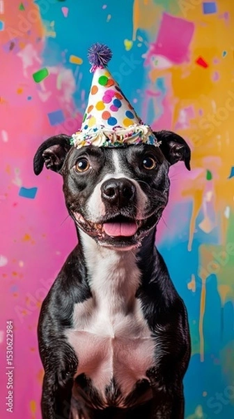 Fototapeta Dog with a cake and party hat on a vibrant background.