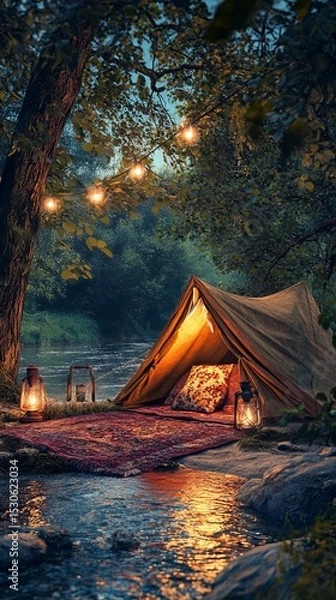 Fototapeta Tent by the river with lantern.