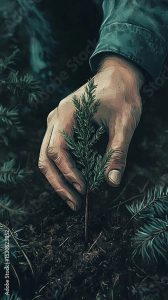 Fototapeta A close-up of a person hand planting a young tree in the soil.