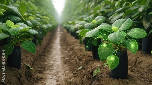 Fototapeta Lush plants with glowing connections in a vibrant greenhouse