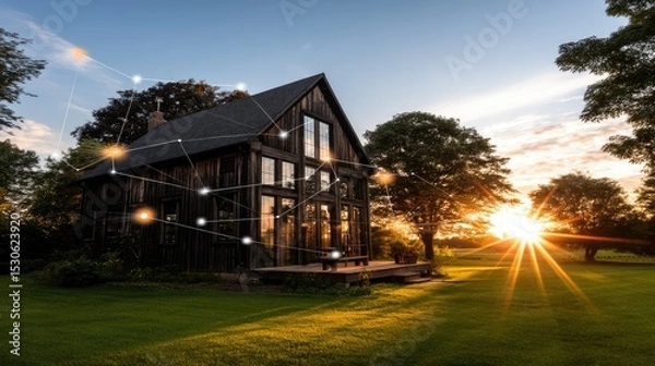 Fototapeta Modern farmhouse with sunset and digital network overlay