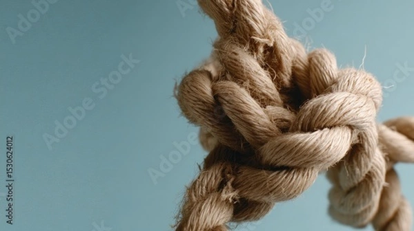 Fototapeta Close-up of a knotted natural rope against a blue background