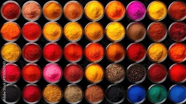 Fototapeta Vibrant assortment of spices in glass jars