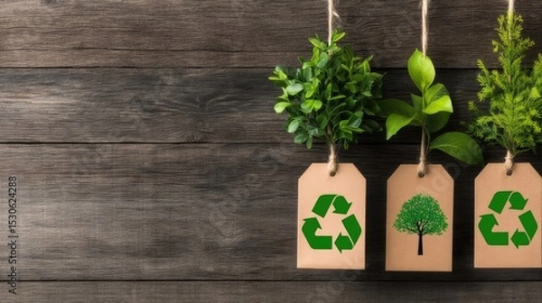 Fototapeta Eco-friendly tags with greenery and recycling symbols