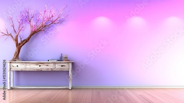 Fototapeta Serene interior with a decorative tree and pastel wall