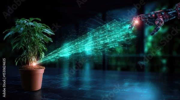 Fototapeta Robotic hand nurturing a digital plant with energy streams