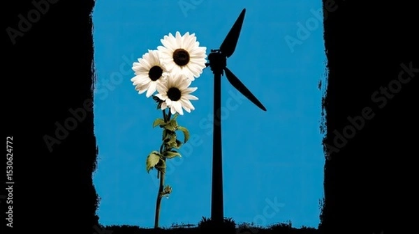 Fototapeta Sunflowers casting a shadow of a wind turbine