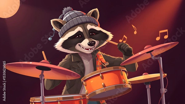 Fototapeta  Focused anthropomorphic raccoon drummer, dressed in a bini, passionately playing a drum kit.