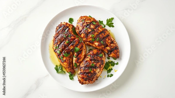 Fototapeta Top view of grilled chicken breasts marinated in smoked paprika with parsley garnish on a white plate.