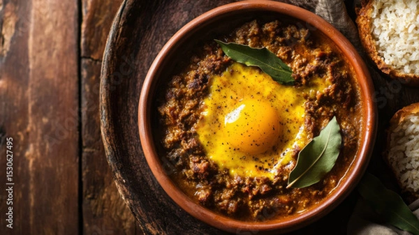 Fototapeta Delicious moroccan tagine with egg and spices in rustic bowl.