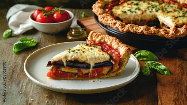 Fototapeta Delicious homemade rustic pie featuring the layers of zucchini, tomatoes, eggplant, capsicum, with fresh basil on a rustic table.