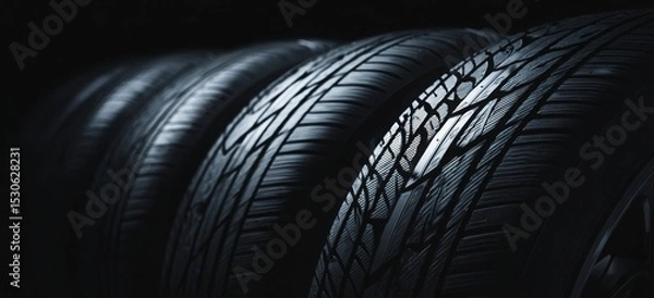 Fototapeta Black background with a close-up of black tires in a row. Abstract banner for a car, automotive, or mobile shop concept. Background for advertising and design with copy space.