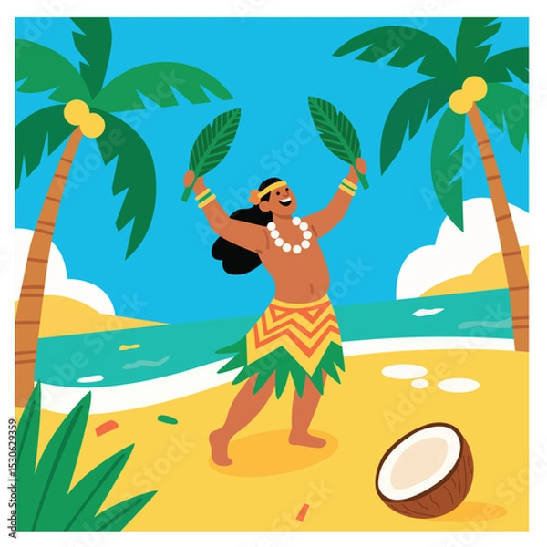 Obraz Colorful Tropical Islander Dancer on Beach with Coconut and Palm Trees – Hawaiian Luau Style