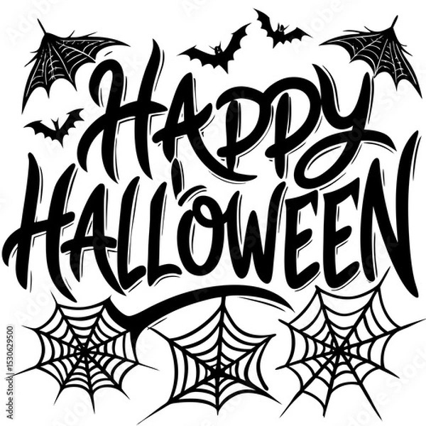 Fototapeta Happy halloween hand lettered design with bats and spiderwebs