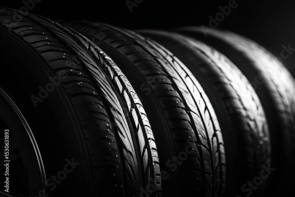 Fototapeta Black background with tires in the foreground. Close-up of car wheels. The concept is to place an advertising banner for tire services.