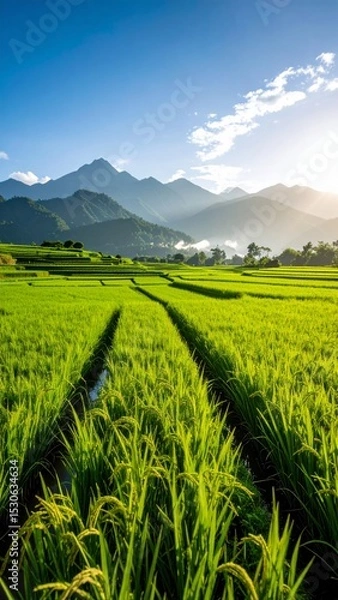 Fototapeta Green rice fields stretch out with a backdrop of mountains and blue sky 