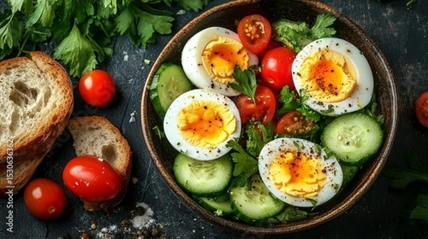 Obraz Bowl of fresh salad with hard-boiled eggs