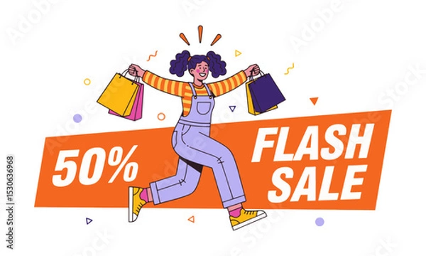 Fototapeta Dynamic Flash Sale and Shopping Promotion. Happy woman with shopping bags and "50% FLASH SALE" banner: dynamic retail promotion.