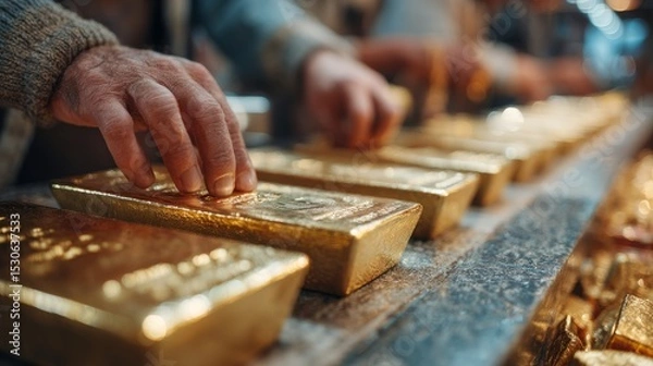 Fototapeta Close-Up of Hands Selecting Gold Bars in a Market, Highlighting Wealth, Commerce, Investment, and Economic Value in a Refined Environment