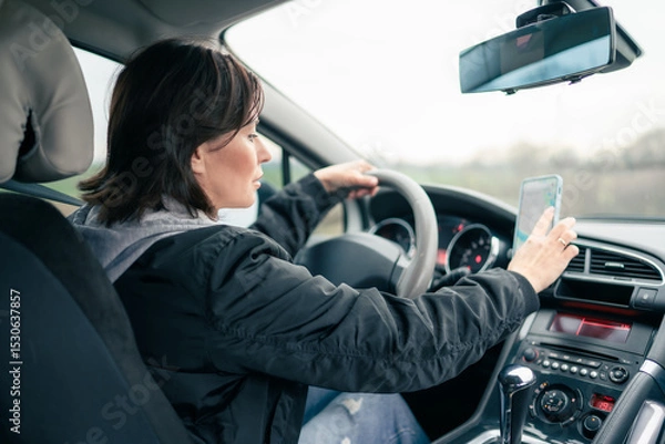 Fototapeta Woman Preparing For A Long Car Trip By Setting The Map Route On Gps Navigator On Smartphone