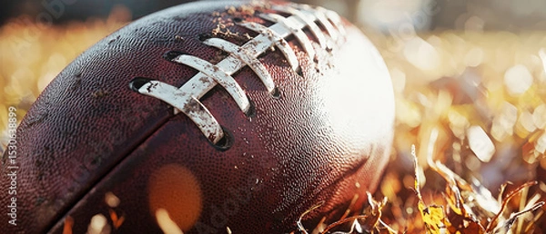 Obraz A close-up of a weathered football rests on vibrant grass, capturing grit and determination. sports promotions, team spirit ads, or rugged lifestyle visuals.