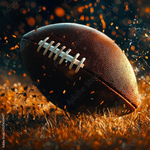 Obraz A dynamic american football soars through the air, surrounded by fiery sparks and lush grass, evoking thrill and power. Sports ads, team promotions, or energetic lifestyle visuals