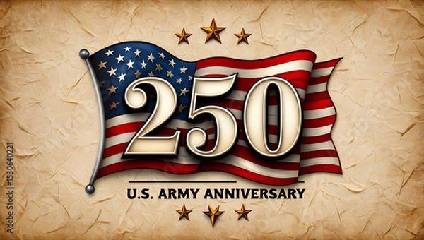 Fototapeta 250th U.S. Army Anniversary Commemorative Design with 3D Numbers, American Flag and Historic Parchment Background, Generative AI